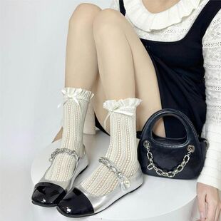 短中筒玛丽花边堆堆芭蕾薄款夏季珍风蝴蝶结镂空蕾丝袜子女袜网眼