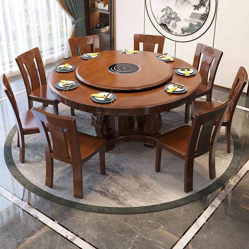 新中式实木圆形餐桌椅组合电磁炉转盘火锅饭桌家用10人12人大圆桌