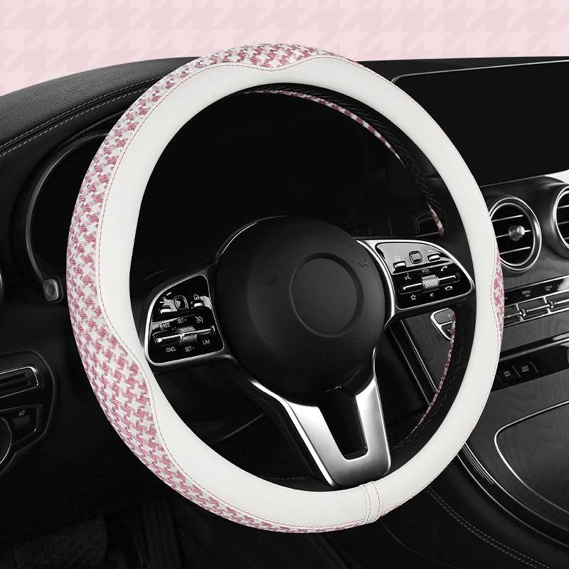 24款四季通用汽车方向盘套网红千鸟格防滑透气d型车把套装饰女款