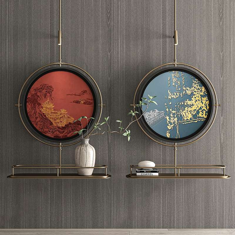 轻奢简约客厅书房玄关装饰画圆形照画挂画灯中古风立体装置壁画灯图片