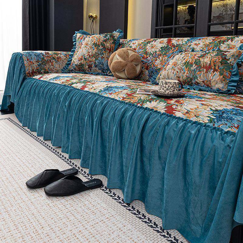 法式田园风沙发盖巾四季通用大裙摆轻奢小碎花油画沙发套罩全盖巾