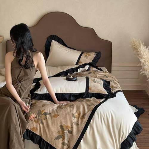 法式复古100全棉长绒棉提花四件套纯棉印花高端花边100支床上用品