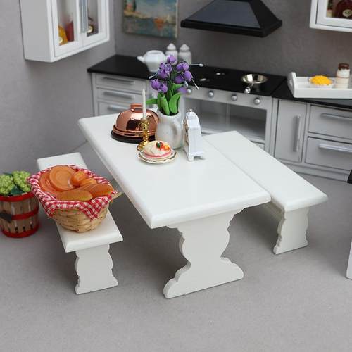 1：12娃娃屋厨房餐桌凳子套装dollhouse迷你家具摆件木质仿真桌凳