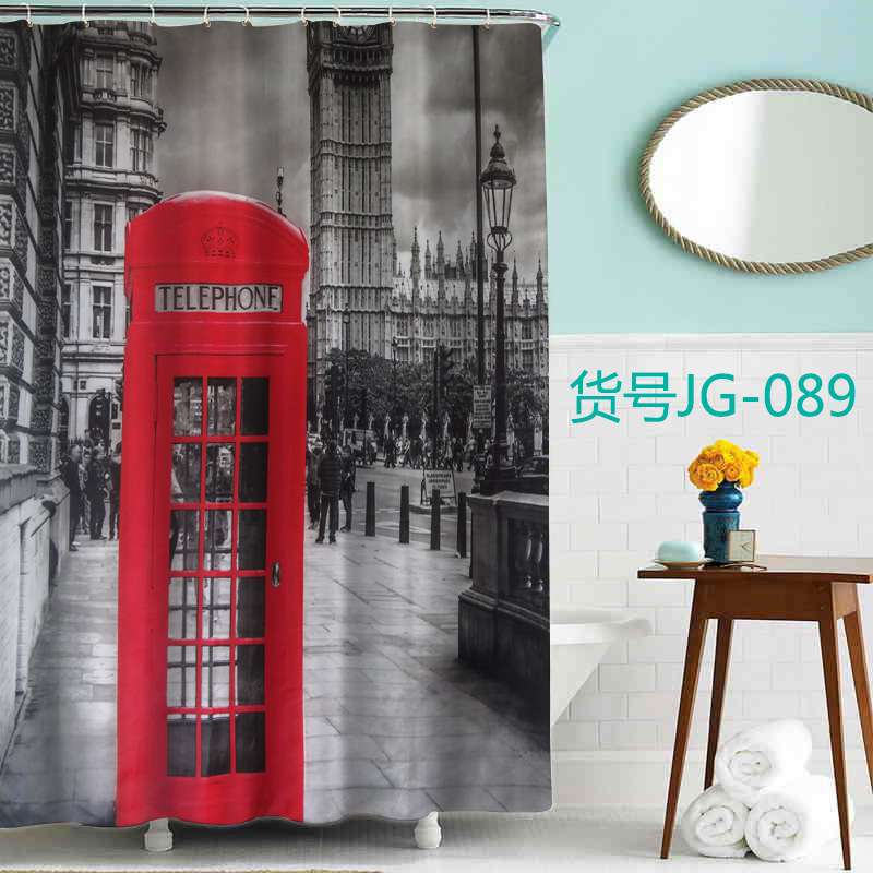防水防霉涤纶浴帘 大笨钟红色电话亭 厂家直销 金属扣眼