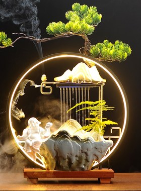 中式禅意b循环流水喷泉招财摆件客厅办公室桌面雾化加湿器开业礼