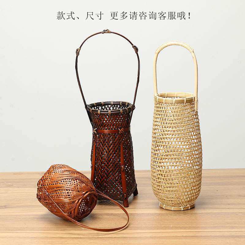 手提竹编花篮干编织收纳篮子 藤编花器插花摆件厂家手工