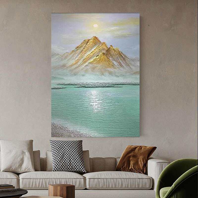 纯手绘油画日照金山新中式客厅装饰画山水风景玄关入户肌理无框画
