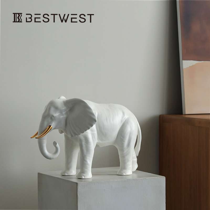 Best west 白色简约陶瓷大象动物摆件样板间设计师客厅桌面装饰品