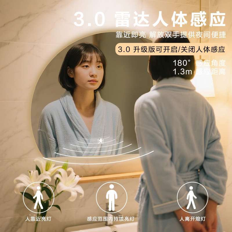 创意简约扇形智能浴室镜LED灯壁挂卫生间梳妆台卧室触摸感应镜子