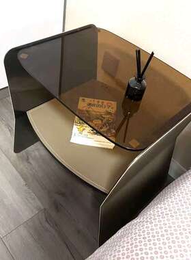 YH982b意式极简床头柜轻奢马鞍皮玻璃不锈钢创意设计师悬浮卧室床