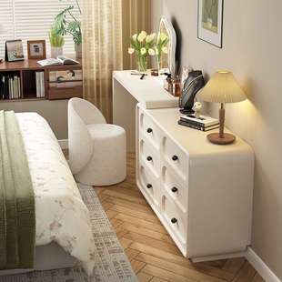 化妆桌收纳柜一体实木梳妆台烤漆极简奶油风卧室床尾化妆台梳妆桌