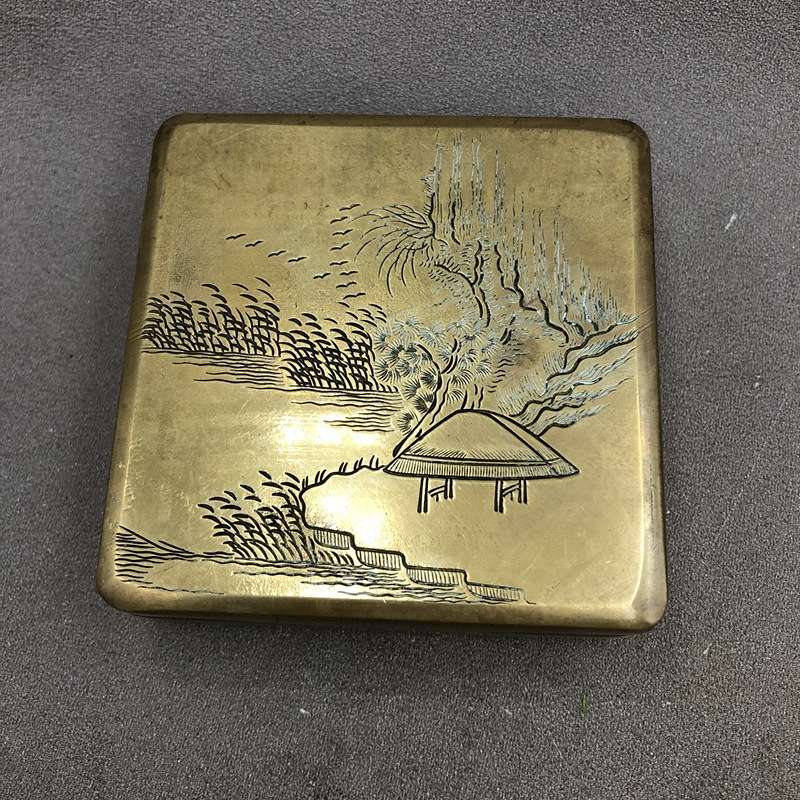 墨盒墨匣文具文房四宝铜墨盒山水风景墨盒办公家居摆件仿古铜器