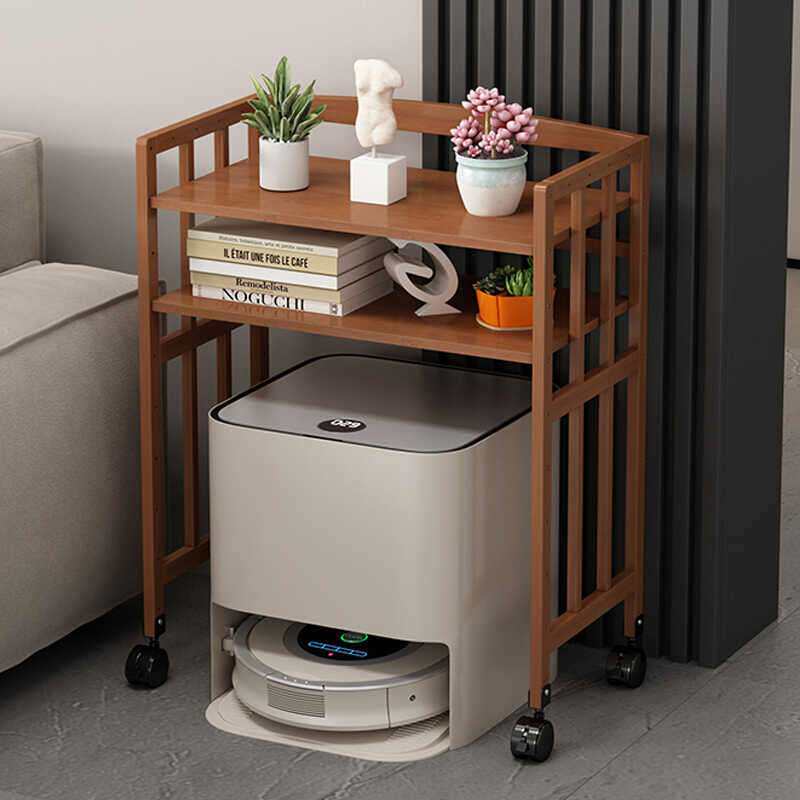 新款扫地机器人落地多层置物架带轮子收纳架拖地机架实木家用客厅