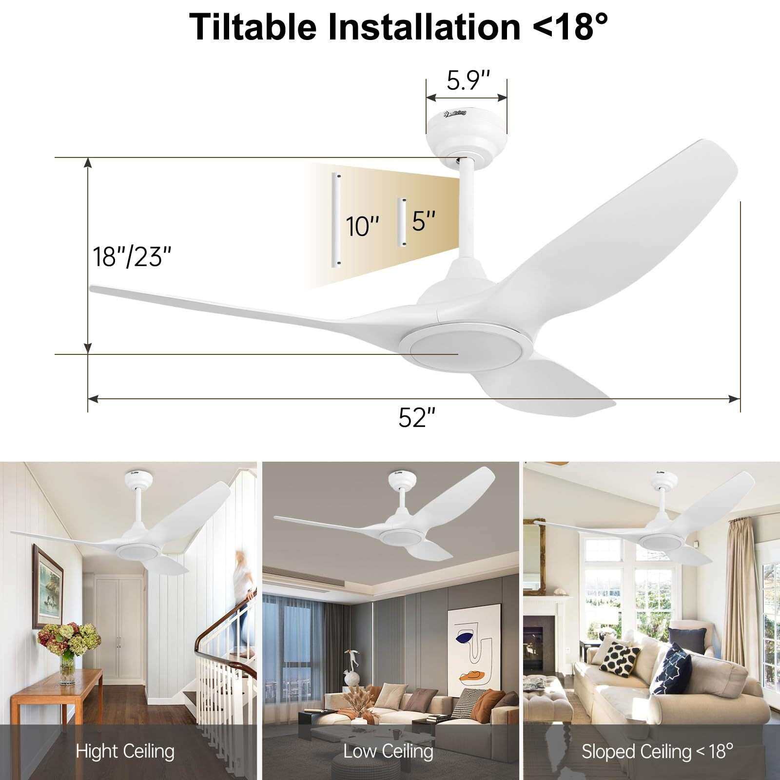 52寸白色ABS吊扇带灯跨境新款大风力客厅吊扇ceiling fan