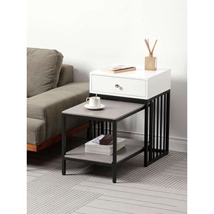 北欧岩板茶几组合简约轻奢客厅沙发边几家用床边可移动收纳柜子