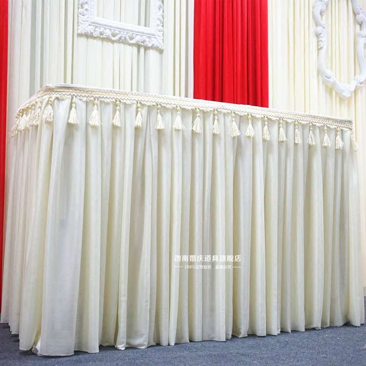 婚庆新款长桌布婚礼布置签到台桌套围裙高档三倍折森系桌布幔