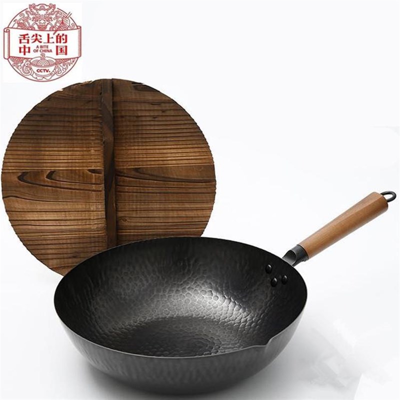 章丘手工锻打纯铁锅炒锅不粘锅无涂层燃气灶O适用老式圆底熟铁家