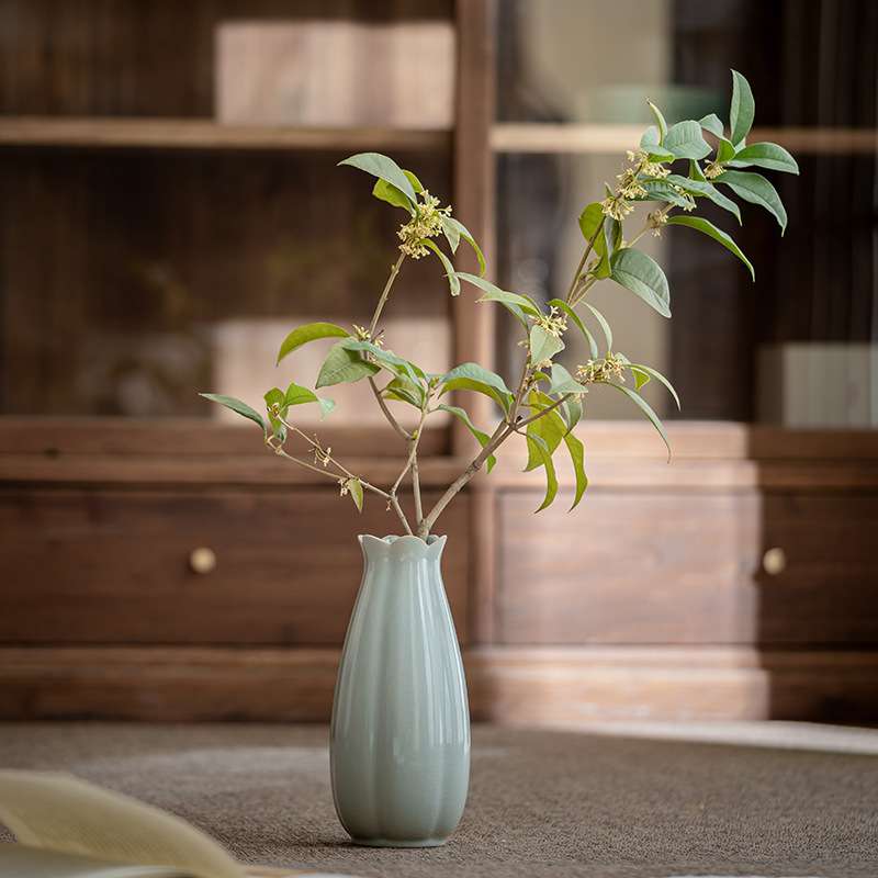 汝窑花瓶摆 陶瓷现代简约花器家居摆设茶具花插陶瓷台面天青玄关