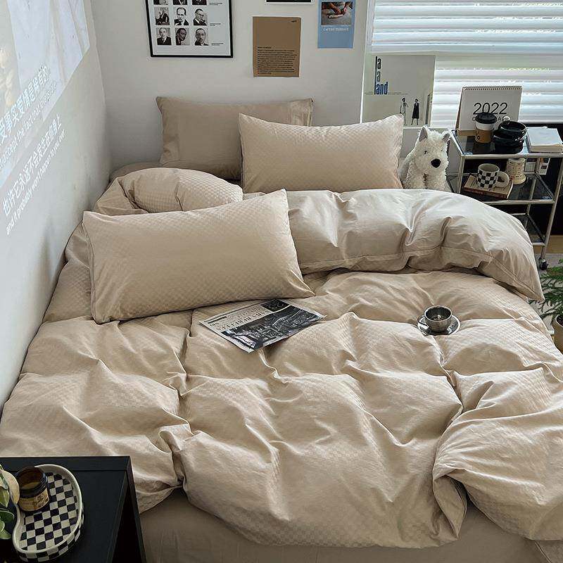 A类简约长绒棉提花贡缎段格四件套全棉被套纯棉床单四季床上用品