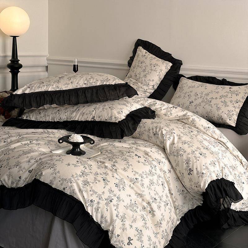 法式复古赫本风纯棉四件套全棉花边被套床单人宿舍三件套床上用品