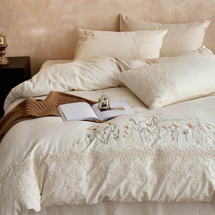 法式超柔棉麻四件套花卉刺绣裸睡立体大花边被套床单床上用品米色
