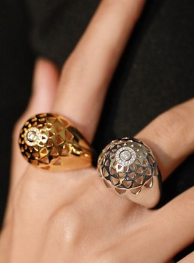 +意大利精工g!S925银莫桑石切割向日葵圆形戒指