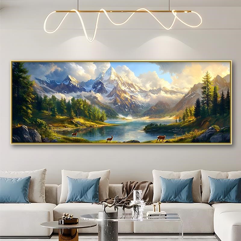 背靠金山大气现代简约客厅沙发装饰挂D画新中式山水风景2024年新