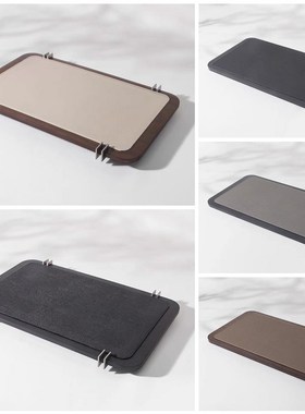 轻奢现代样板间灰色米白皮革收纳托F盘书房客厅桌面摆件装饰置物