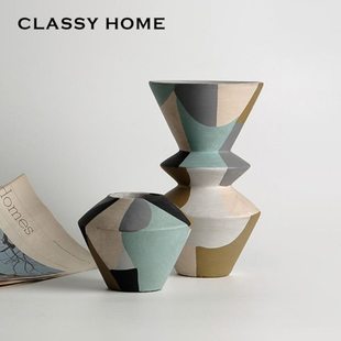 侘寂风纯手工陶艺抽象彩绘花器果盘 现代艺术花瓶摆件 民宿样板房