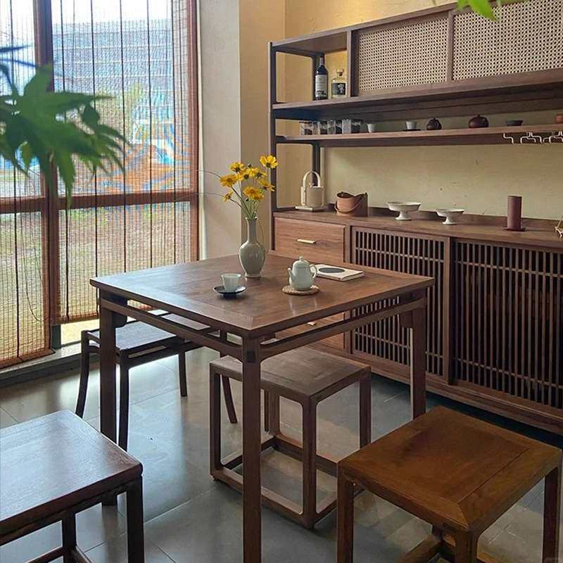 新中式榆木茶桌实木八仙桌现代简约方形桌茶台家用阳台茶桌椅组合