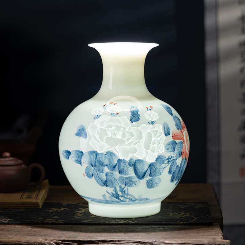 景德镇高档手绘国色天香薄胎花瓶创意玲珑陶瓷瓶子透光插花瓶送礼