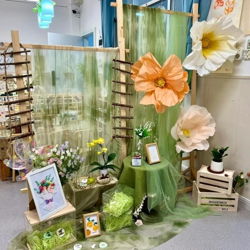 清新绿色纱幔幼j儿园环创中式场景布置家长会签到台春季亲子沙龙