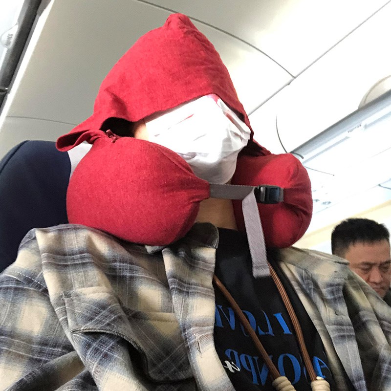 红色U型枕连帽子全棉护颈靠脖枕旅行飞机睡觉枕头办公室Z午睡u形