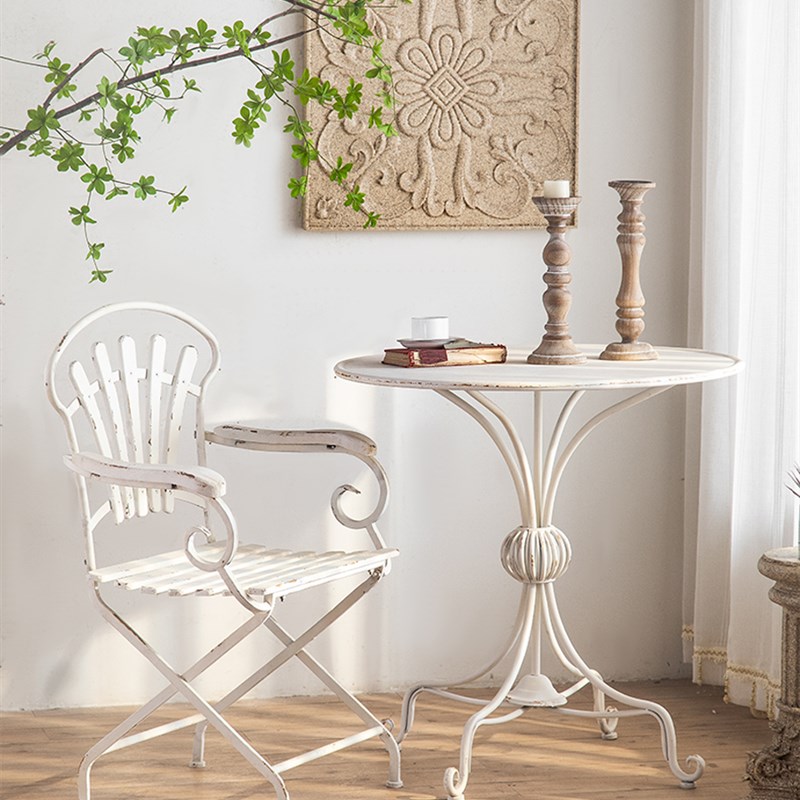 法式复古白色铁艺餐椅露天休闲庭院E咖啡店小圆桌椅下午茶桌椅组