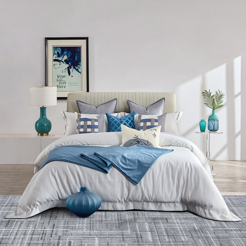 家具展厅样板间蓝色系软装多件套现代中式床上R用品售楼中心床品
