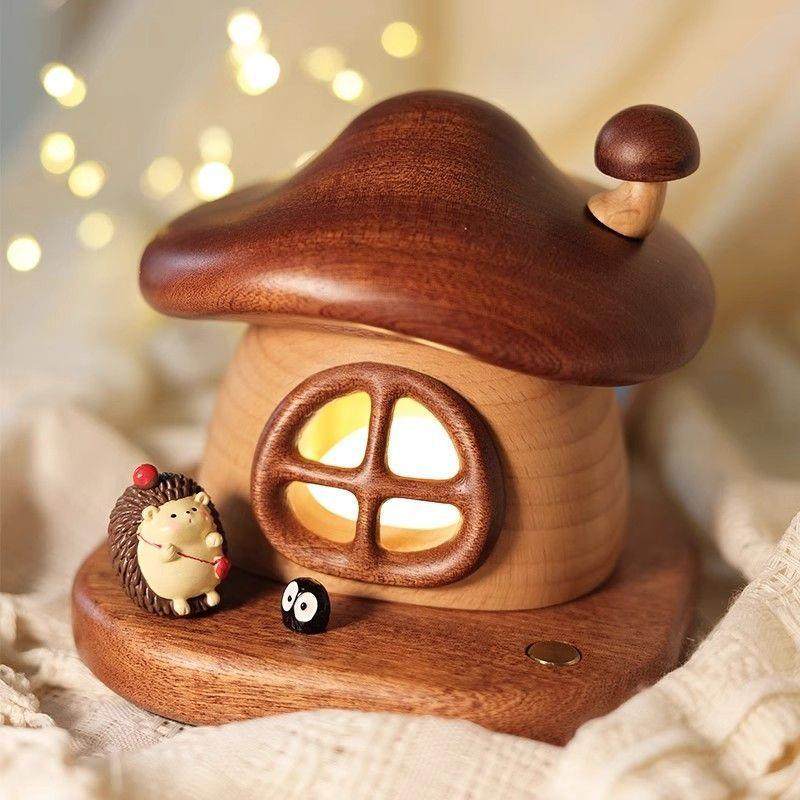 新款蘑菇房子小夜灯实木装饰摆件充电LED床头喂奶儿童房装饰伴睡
