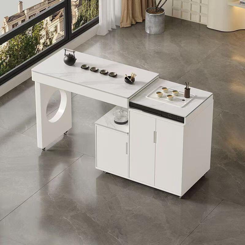 可移动伸缩旋转茶车轻奢烧水壶一体阳台家用小户型岩板茶桌椅组合