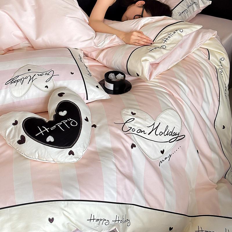 少女心轻奢100S长绒棉纯棉四件套复古桃心刺绣印花被套床上用品