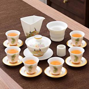 德化羊脂玉白瓷茶具家用功夫泡茶盖碗茶壶会客茶具套装办公室高端