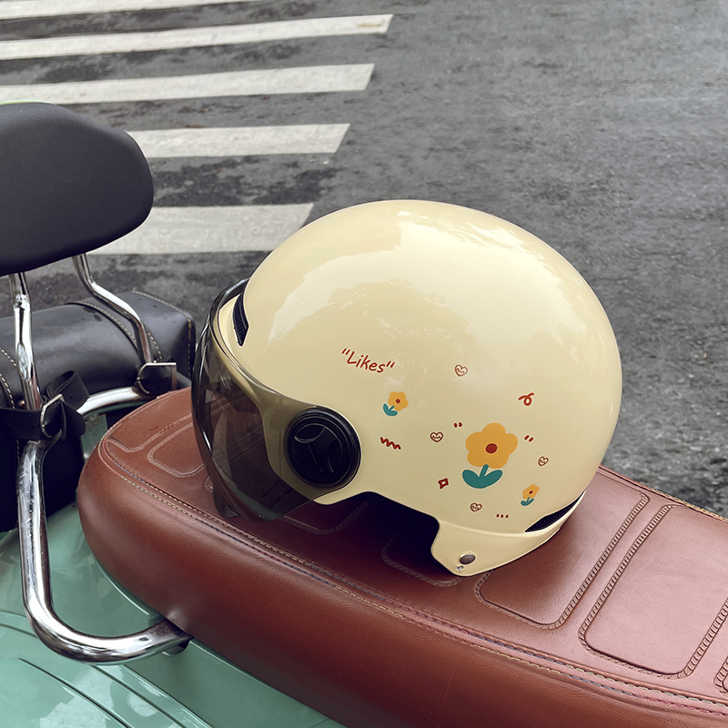 小碎花电动车头盔k3C认证小清新女士防晒电瓶车半盔夏季安全帽全