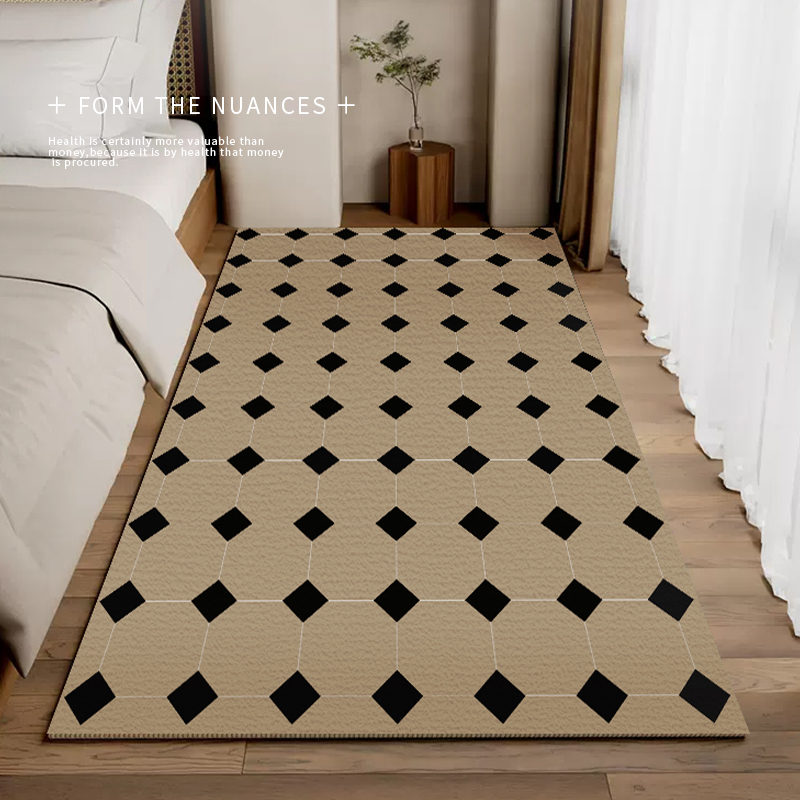 地毯卧室2023j新款现代简约床边房间黑白格高级感奶油风加厚法式