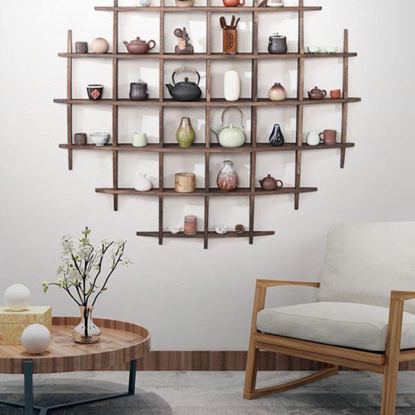 实木博古架圆形多宝阁中式挂墙茶架壁挂式墙上壁挂藏品置物架禅意