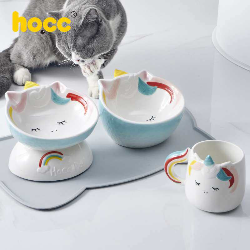hocc猫碗 陶瓷高脚碗宠物碗斜口宠物陶瓷碗猫食盆扁脸猫碗水碗