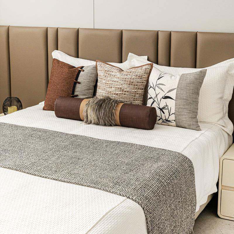 新中式样板房间床上靠枕床旗床尾巾搭毯软装床品多件套灰色棕色系