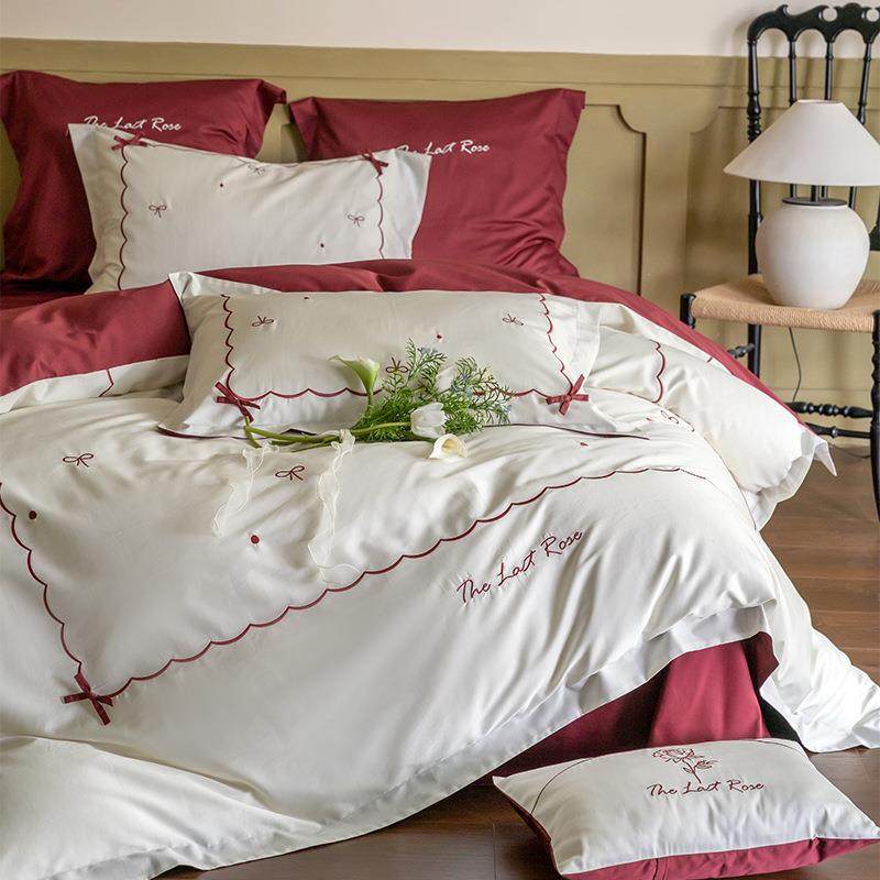 少女心蝴蝶结刺绣四件套全棉100s长绒棉被套床单1米8纯棉床上用品