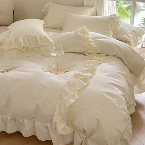 奶芙芙全棉磨毛公主风四件套双层浪漫蕾丝花边床单1.8m床品