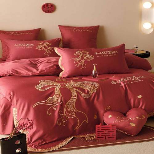 法式浪漫婚庆四季双股澳棉四件套公主蝴蝶结刺绣红色结婚床上用品