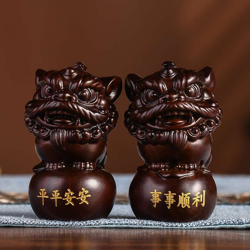 黑檀实木瑞兽醒狮手把件小号可爱风装饰配件把玩件客厅书房工艺品