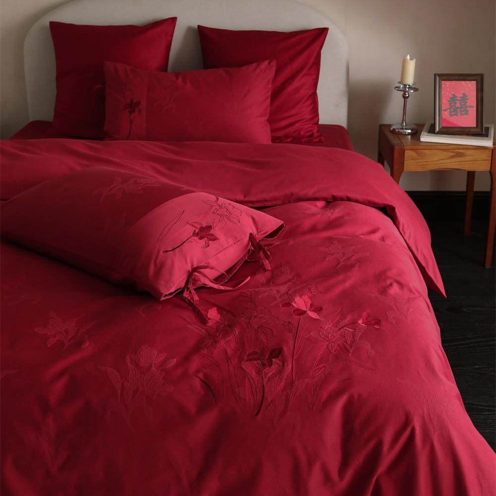 中式大红色立体提花刺绣红色婚庆全棉四件套婚嫁结婚婚房喜被
