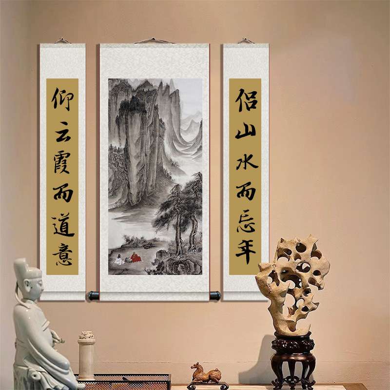 国画对联山水画江山如画客厅挂画迎客松高山流水丝绸卷轴画风景画